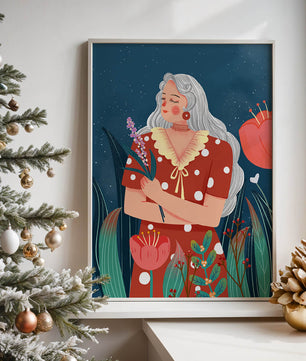 Serene illustration of a woman with flowers under a starry night sky