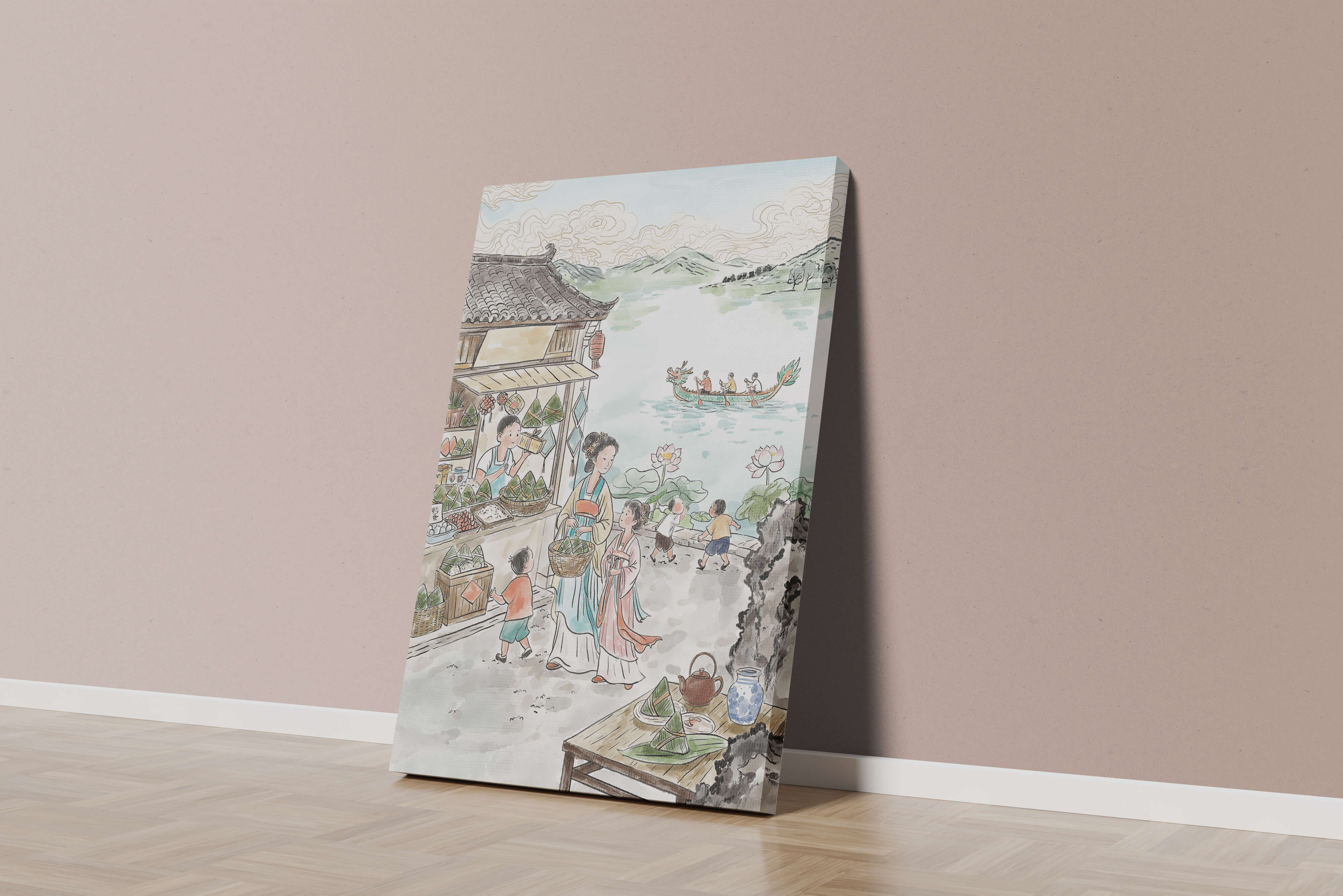 Traditional Chinese Market Scene with Dragon Boat on River