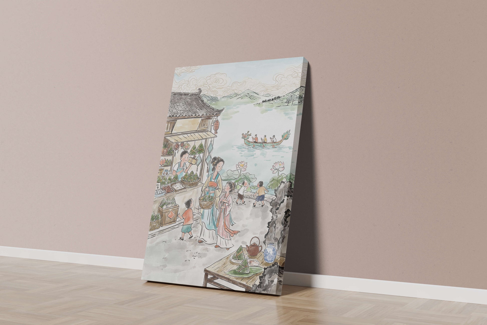 Traditional Chinese Market Scene with Dragon Boat on River