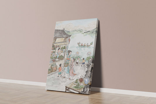 Traditional Chinese Market Scene with Dragon Boat on River