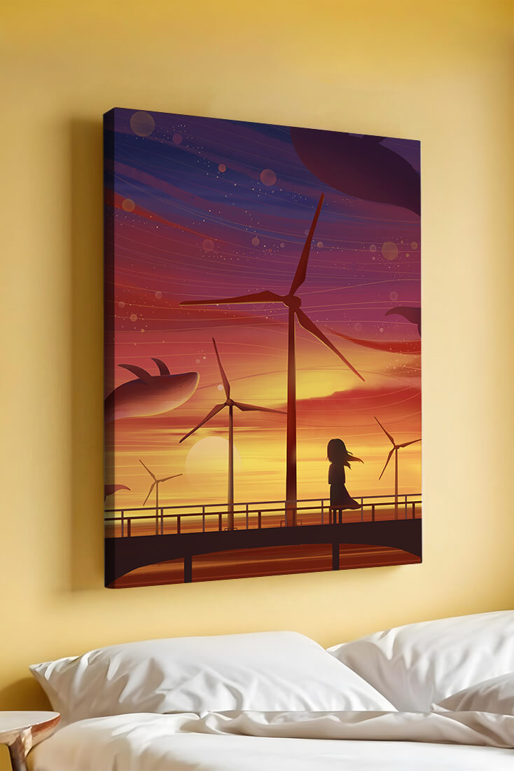 Enchanting sunset scene with wind turbines and silhouette of a girl