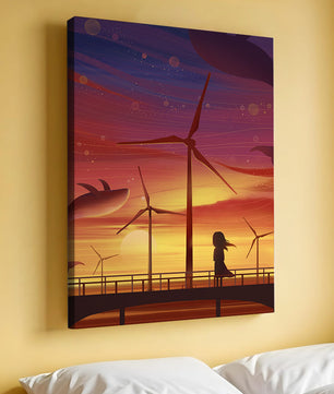 Enchanting sunset scene with wind turbines and silhouette of a girl