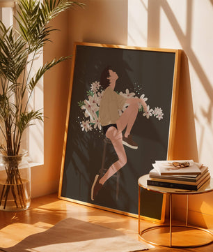 Illustration of a woman sitting on a stool surrounded by flowers