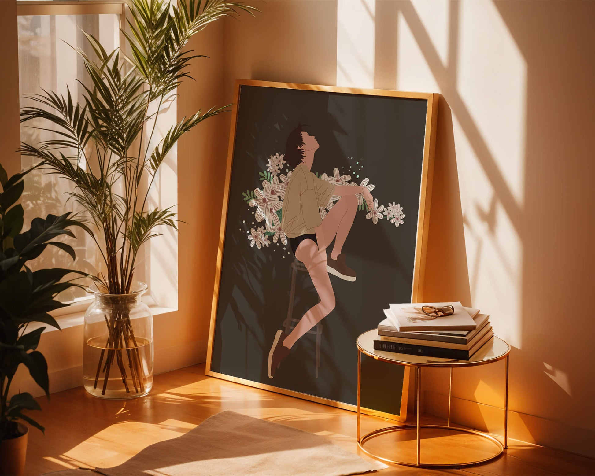 Illustration of a woman sitting on a stool surrounded by flowers