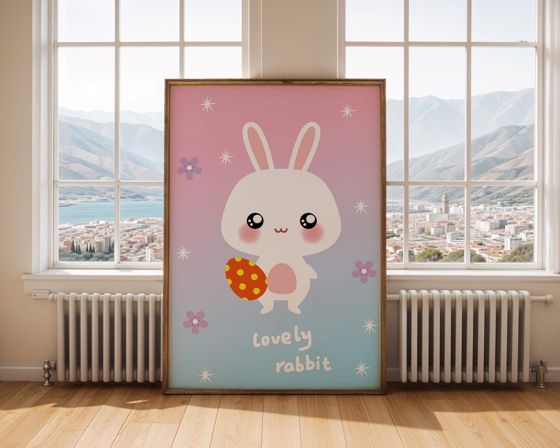 Adorable rabbit illustration with a colorful egg on a pastel background