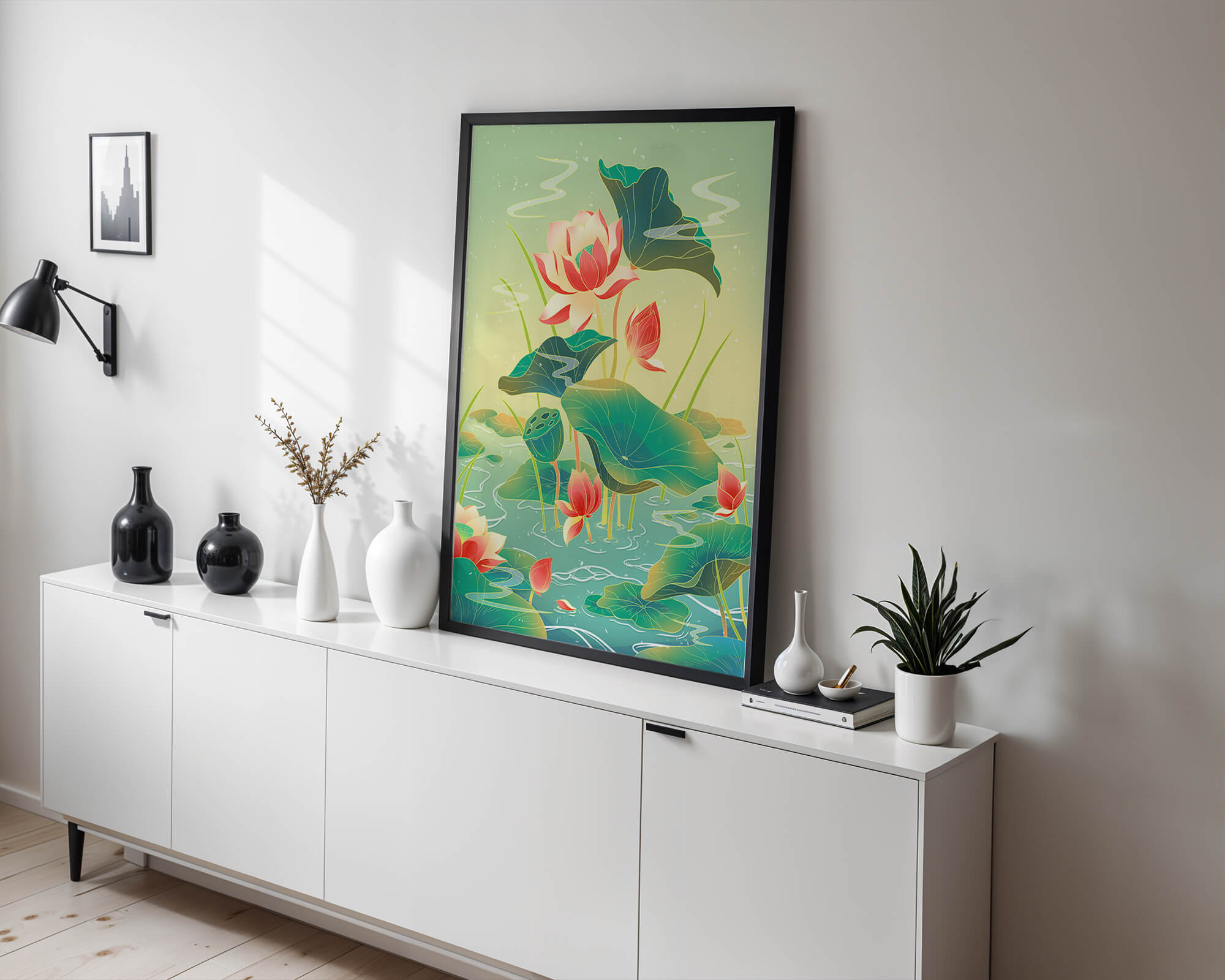 Serene lotus pond with vibrant lilies and lush green leaves