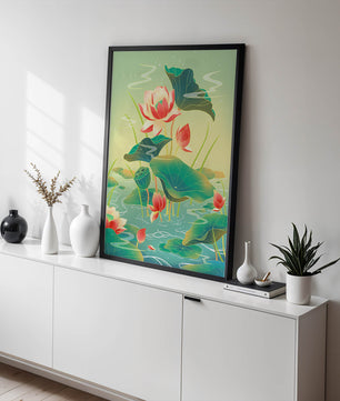 Serene lotus pond with vibrant lilies and lush green leaves