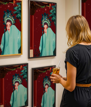 Traditional Asian art with elegant woman in traditional attire