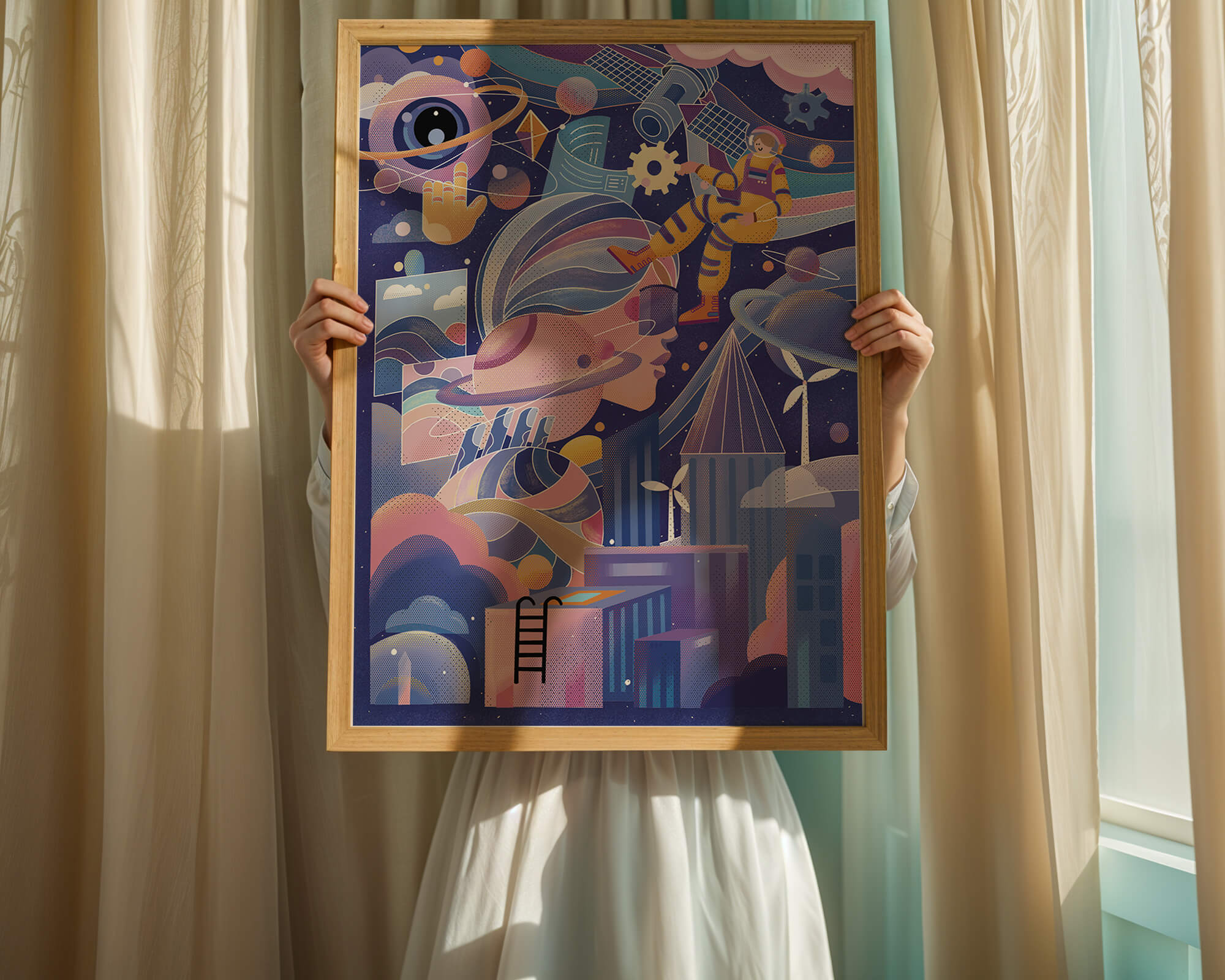 Futuristic space exploration artwork with astronaut and planets