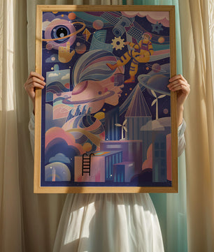 Futuristic space exploration artwork with astronaut and planets