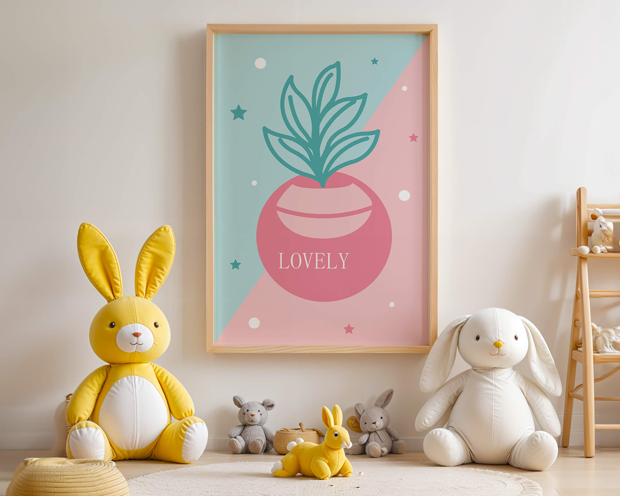 Playful pastel illustration with plant motif and stars