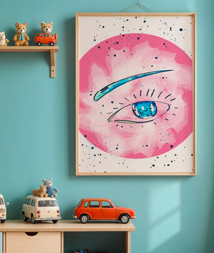 Abstract Eye Illustration with Pink Background and Blue Accents - Mi tienda