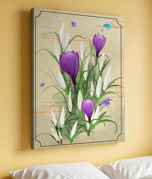 Elegant Crocus Flowers with Butterflies in a Delicate Frame