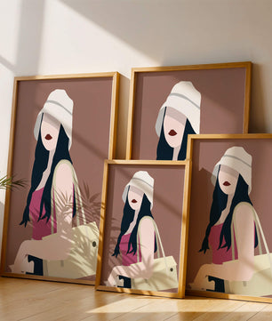 Ilustración elegante de una mujer con sombrero de cubo y ropa casual