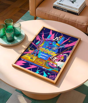 Ilustración temática vibrante de música rock con instrumentos y artistas