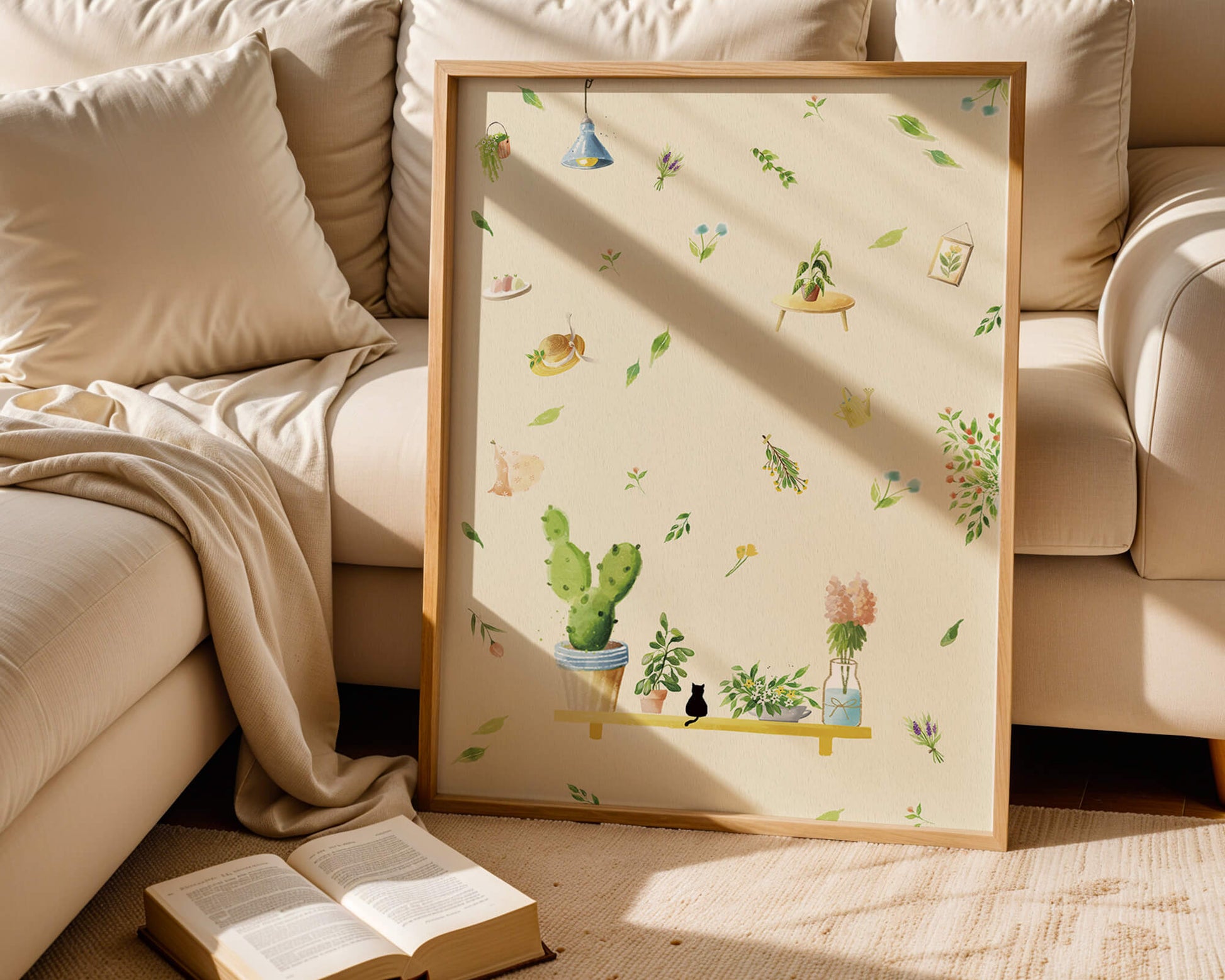 Illustration décorative avec des plantes et des éléments chaleureux