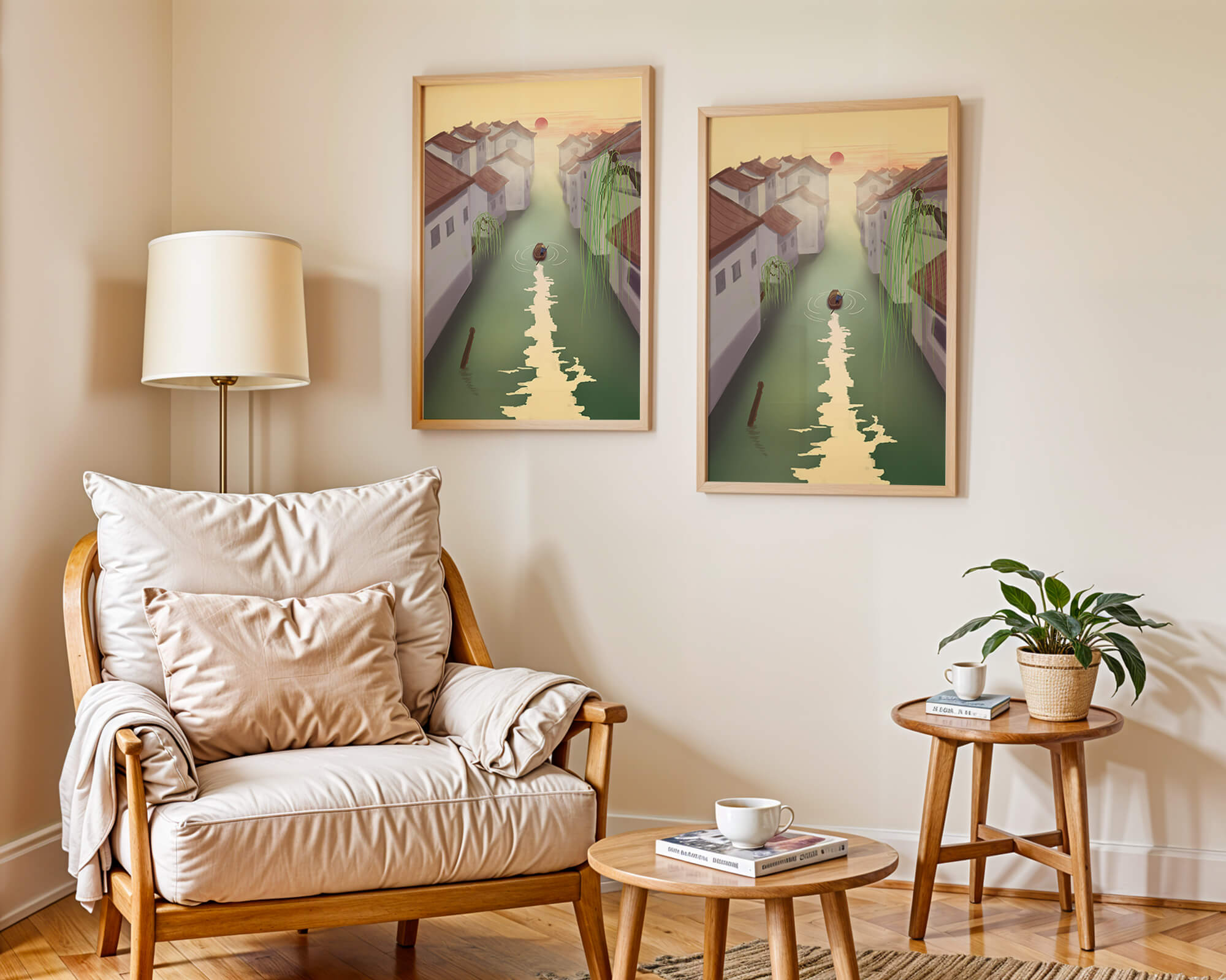 Tranquil river scene with traditional architecture and sunset