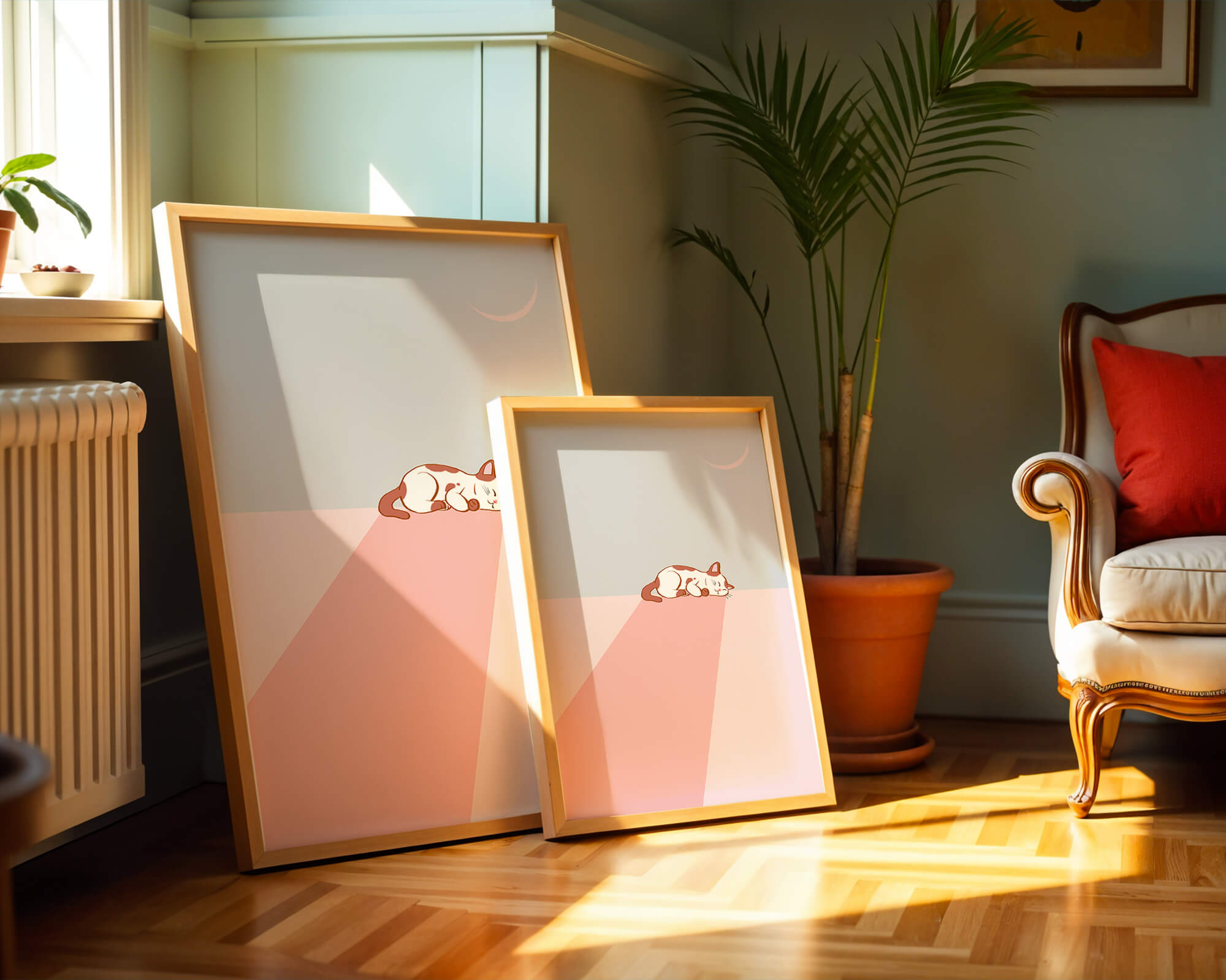 Sleeping Cat in Minimalistic Moonlit Scene