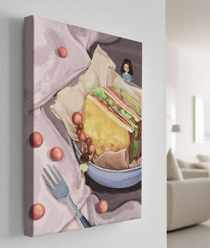 Niñas miniatura caprichosas cerca de un sándwich con tomates y tenedor