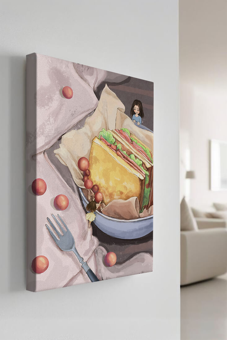 Niñas miniatura caprichosas cerca de un sándwich con tomates y tenedor