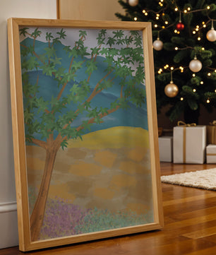 Paisaje pintoresco con árbol vibrante y fondo colorido