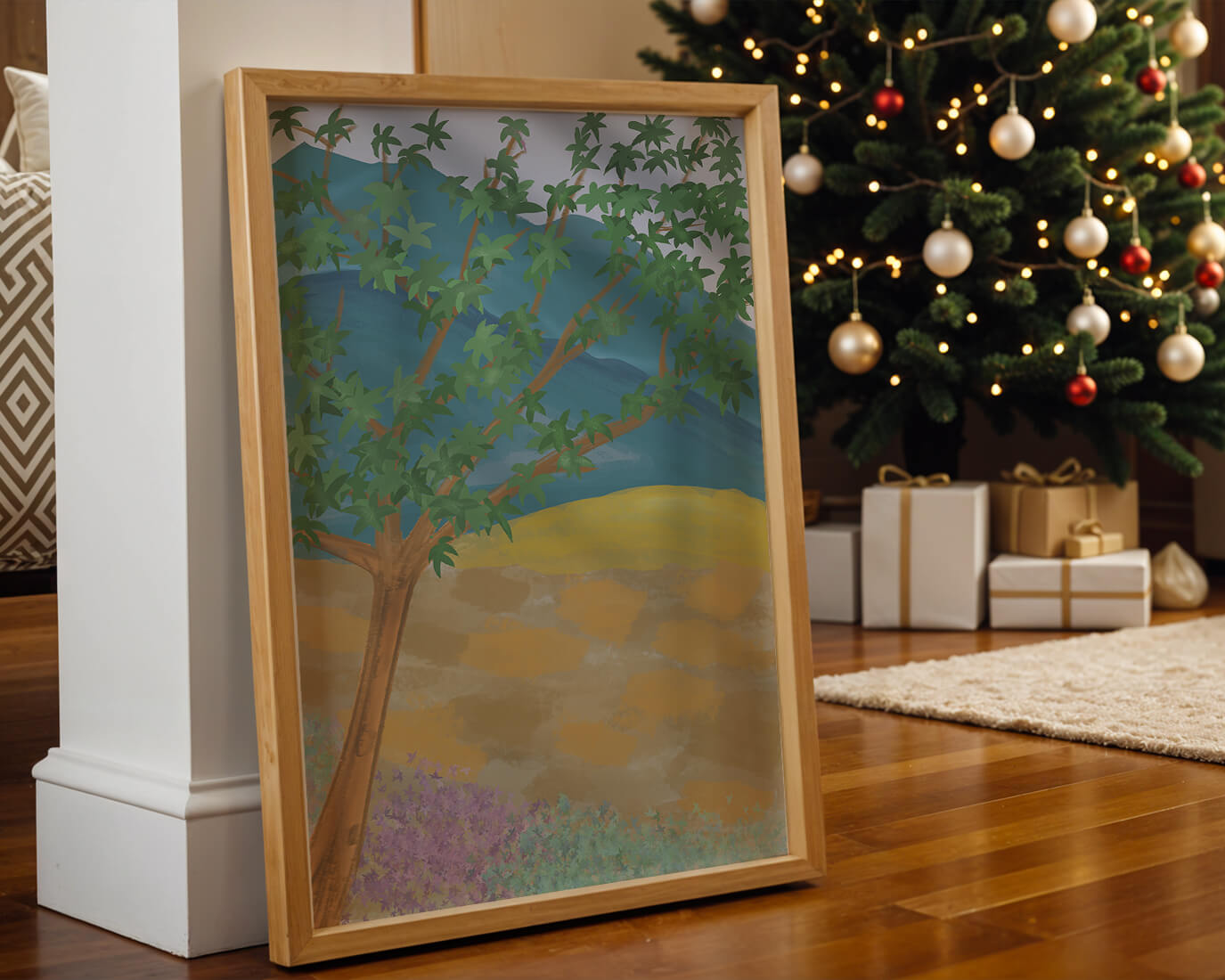 Paisaje pintoresco con árbol vibrante y fondo colorido