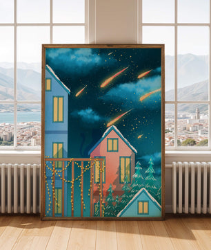 Winter Night Scene with Falling Meteors and Snow-Covered Houses