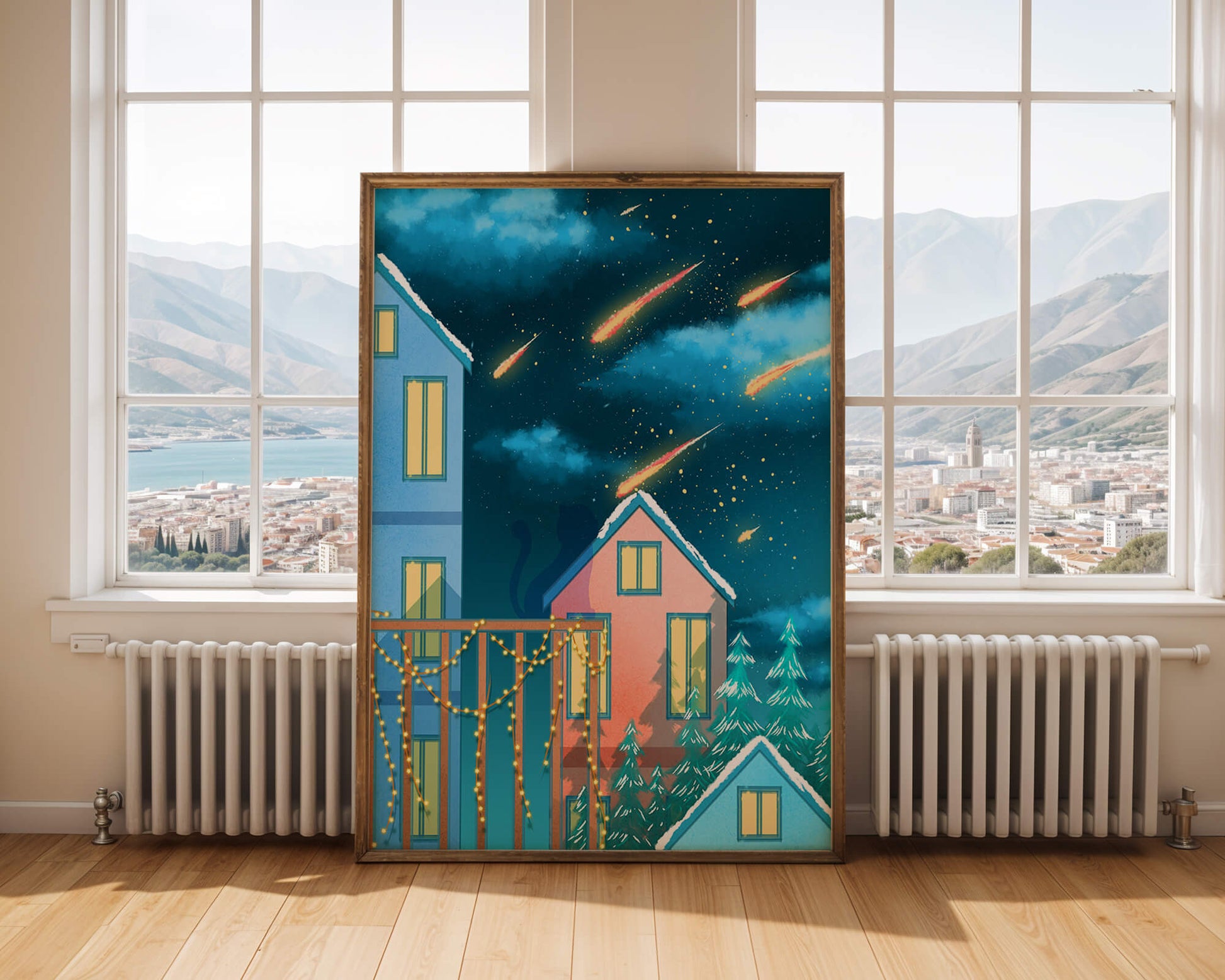 Winter Night Scene with Falling Meteors and Snow-Covered Houses