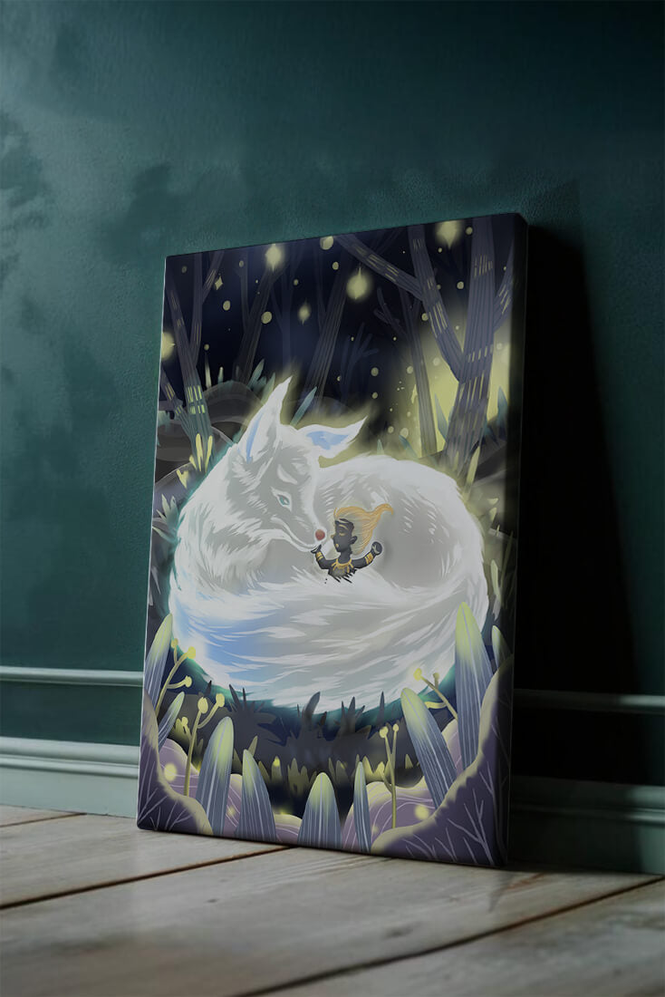 Whimsical forest scene with a sleeping wolf and a mysterious figure at night