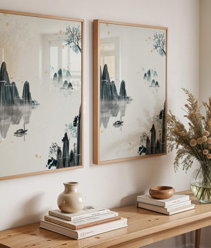 Serene watercolor landscape with mountains and river