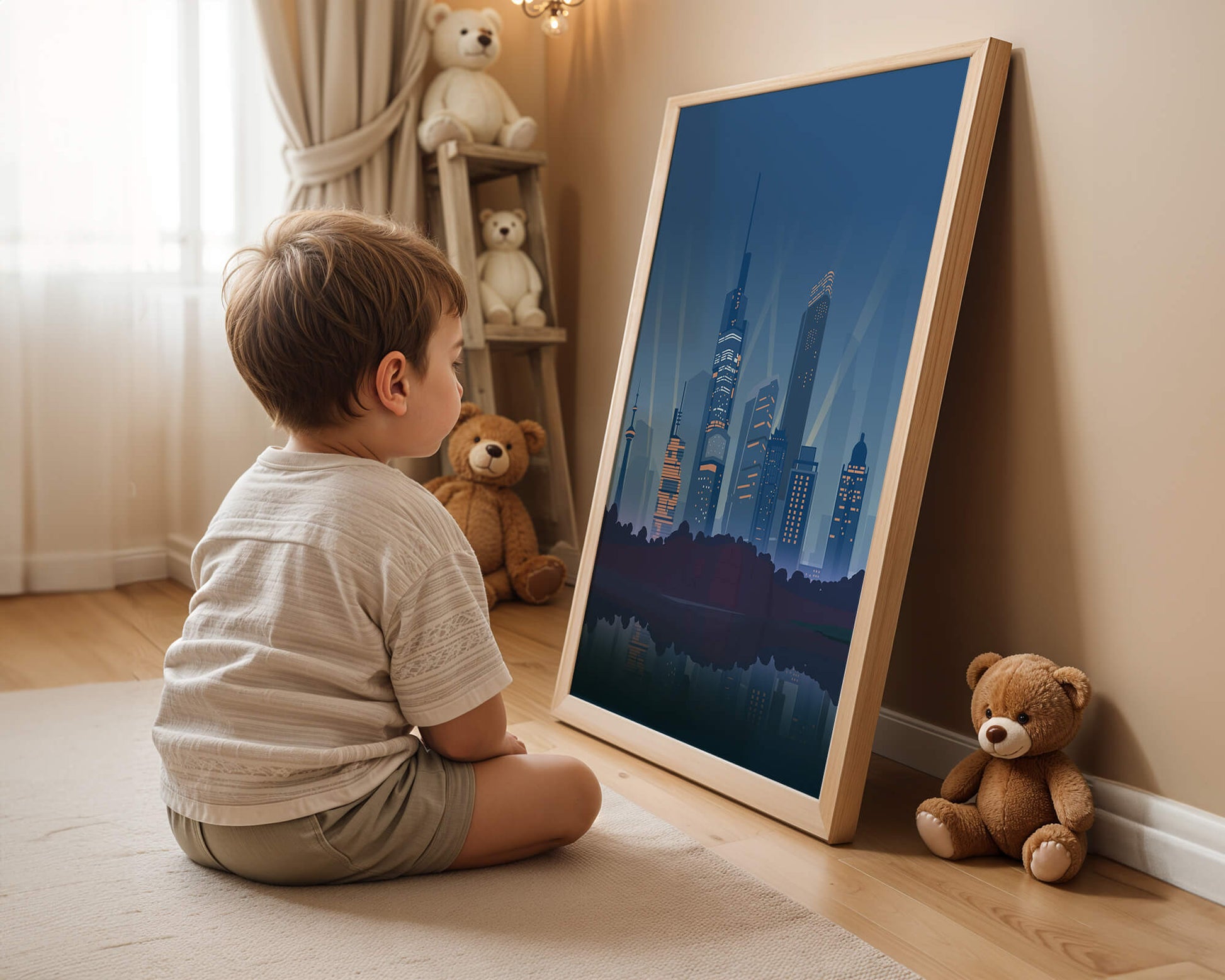 Modern cityscape with illuminated skyscrapers reflecting on water
