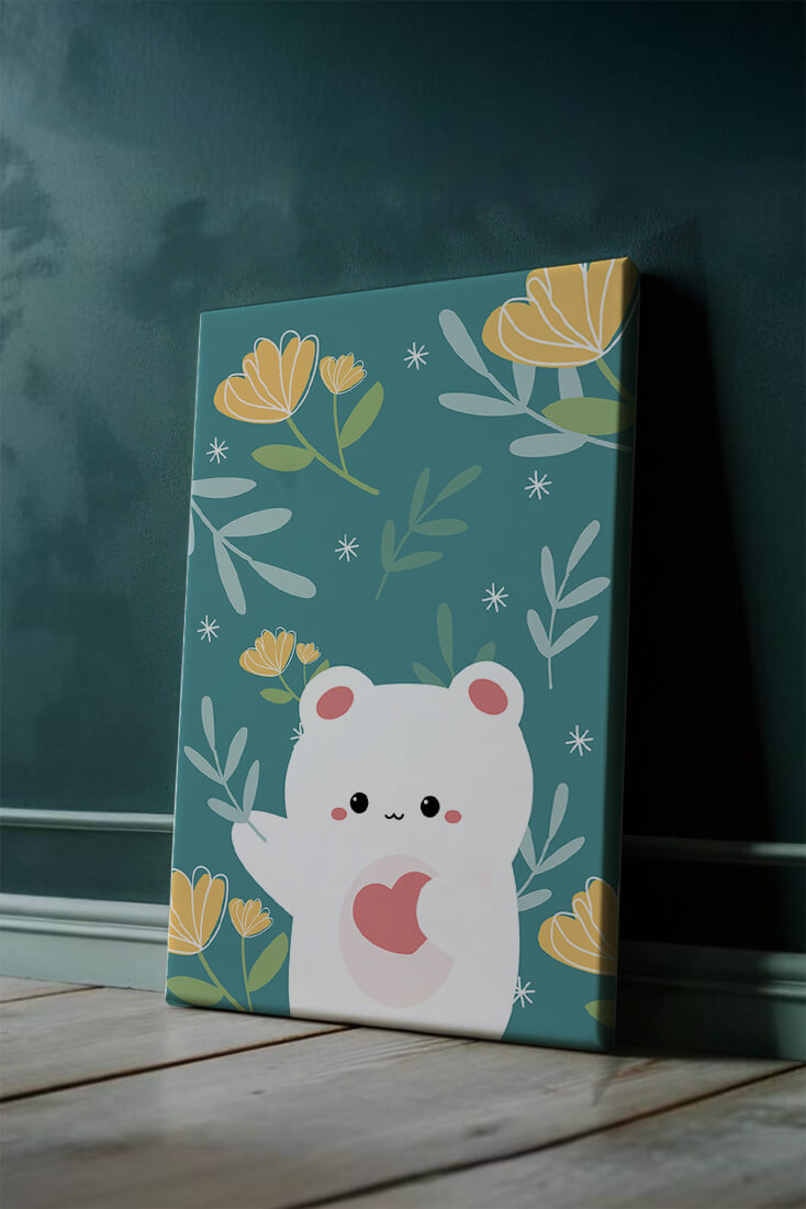 Adorable bear with heart surrounded by whimsical floral elements