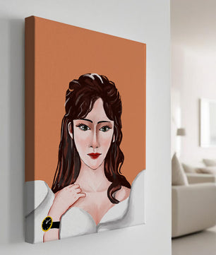 Retrato de una mujer con peinado elegante y reloj dorado
