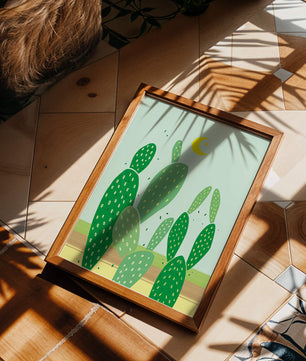 Desert cactus illustration with crescent moon