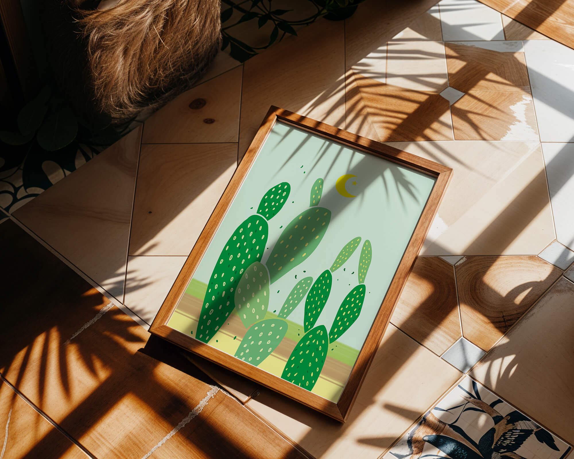 Desert cactus illustration with crescent moon