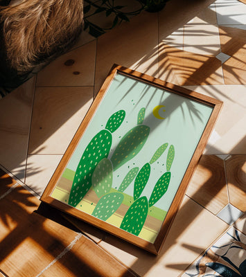 Desert cactus illustration with crescent moon