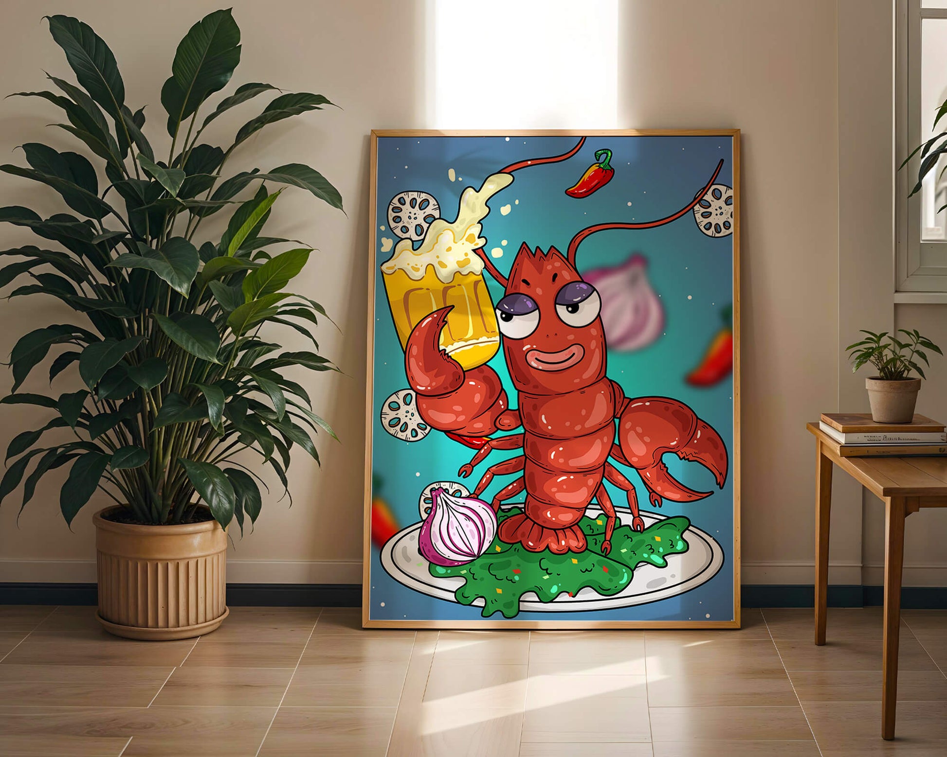 Playful cartoon lobster holding a beer in a whimsical setting