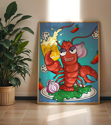 Playful cartoon lobster holding a beer in a whimsical setting