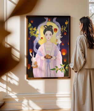 Mid-Autumn Festival Illustration with Moon Goddess and Rabbits