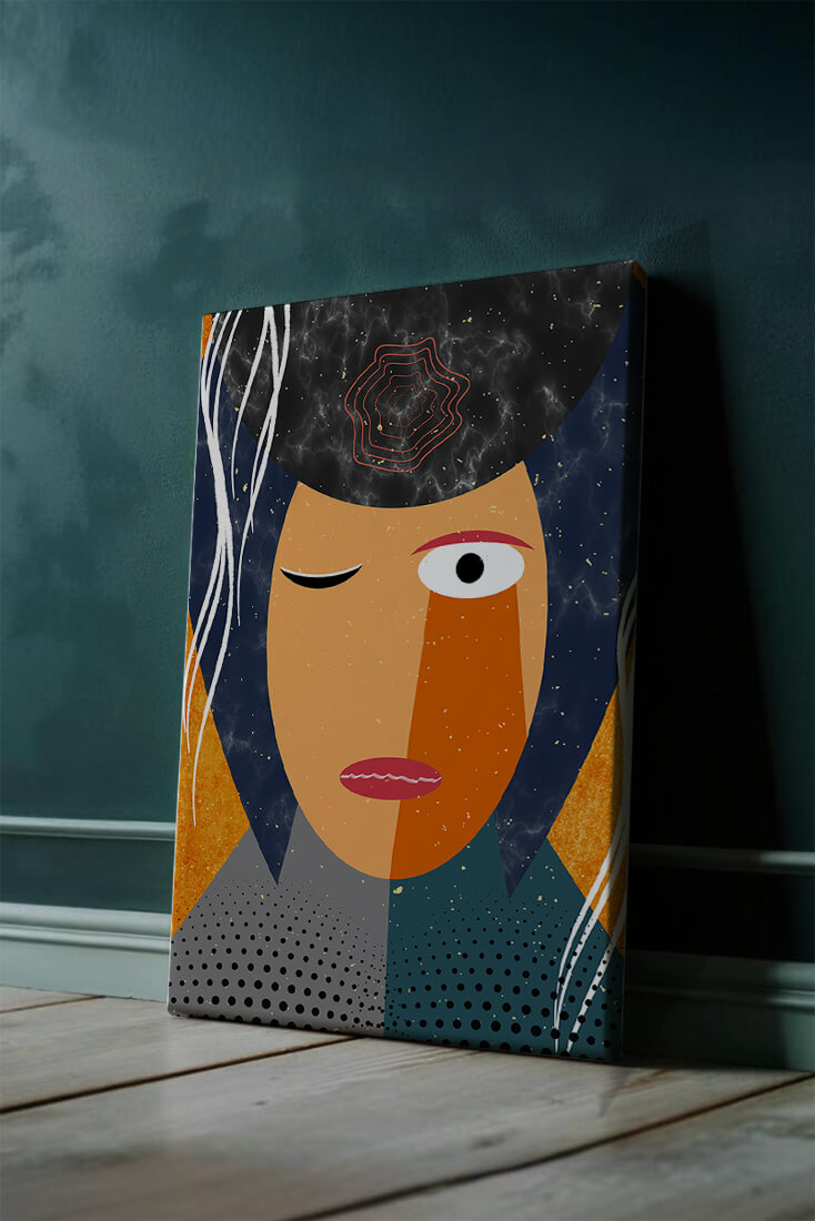 Abstract geometric portrait featuring vibrant colors and textures