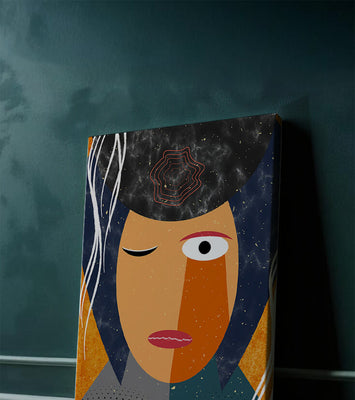 Abstract geometric portrait featuring vibrant colors and textures