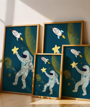 Astronaut Reaching for Star with Rocket and Planets in Space Scene - Mi tienda