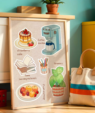 Elementos esenciales del hogar acogedor que incluyen pastel de fresa, cafetera y materiales de estudio