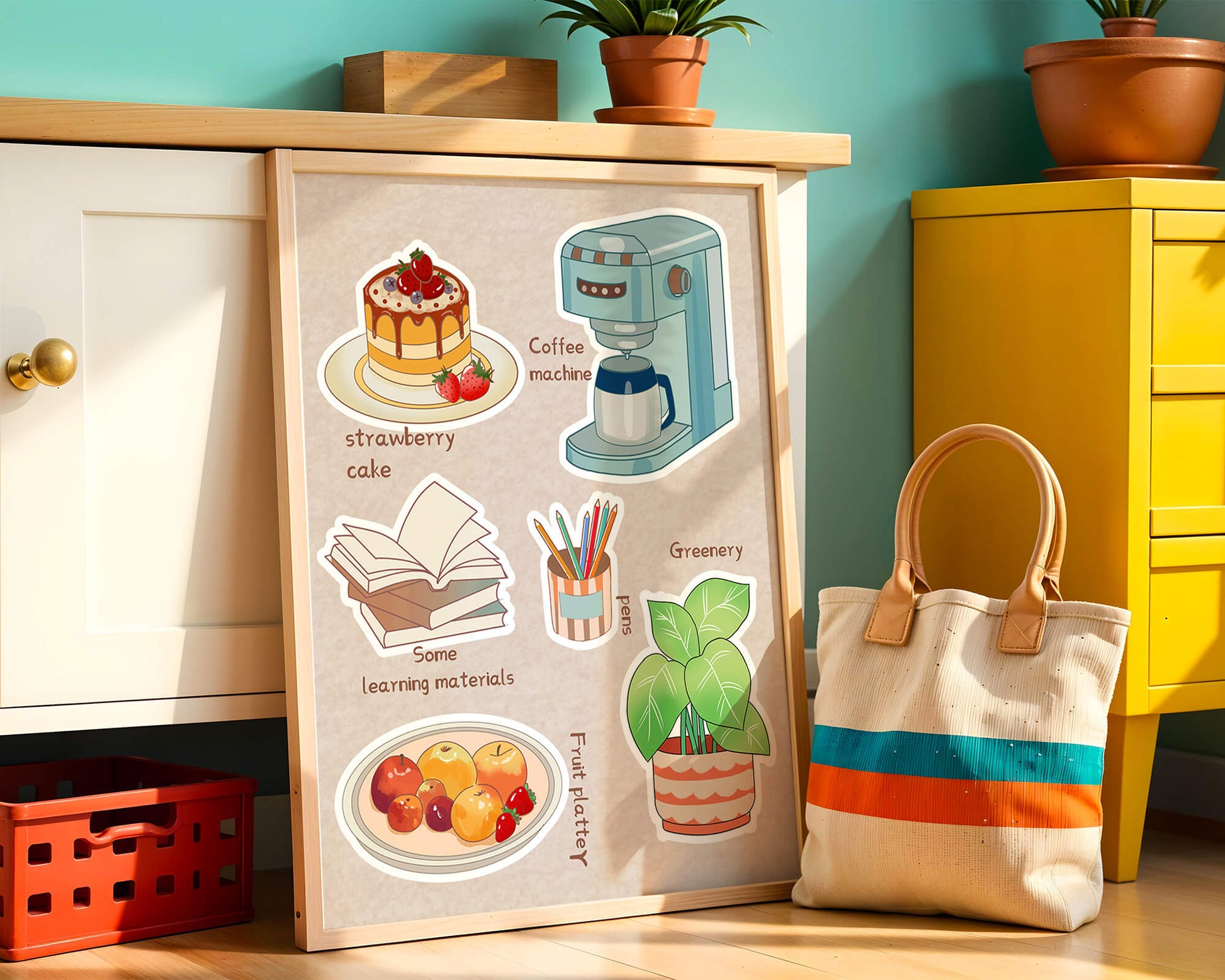 Elementos esenciales para un hogar acogedor, como tarta de fresa, cafetera y materiales de estudio.