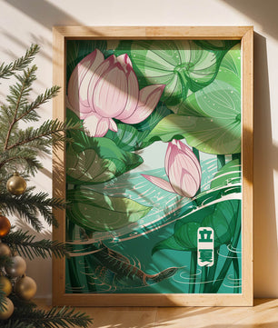 Illustration nature sereine avec fleurs de lotus et vie aquatique