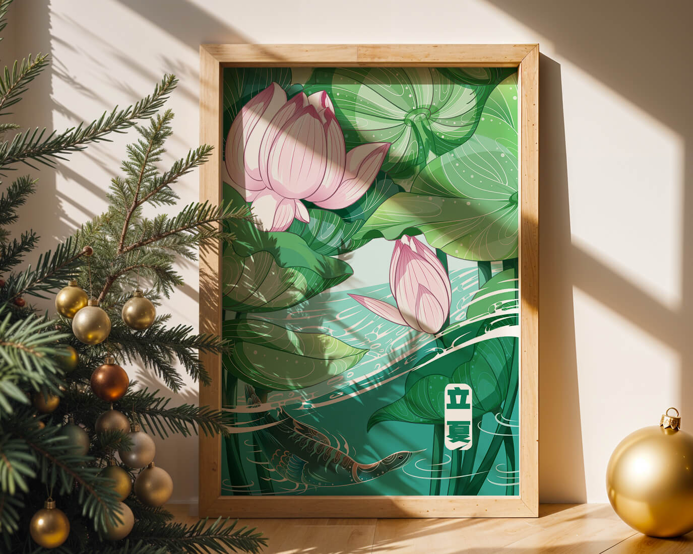 Ilustración de la naturaleza serena con flores de loto y vida acuática