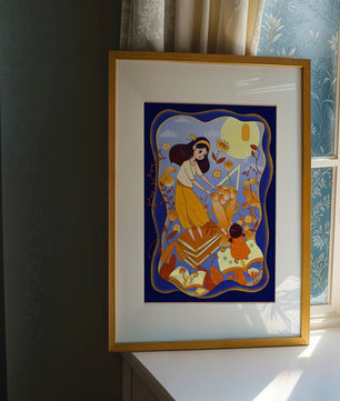 Whimsical illustration with woman and child among books and flowers