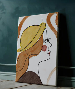 Retrato de línea moderna de una mujer con sombrero y colores vibrantes