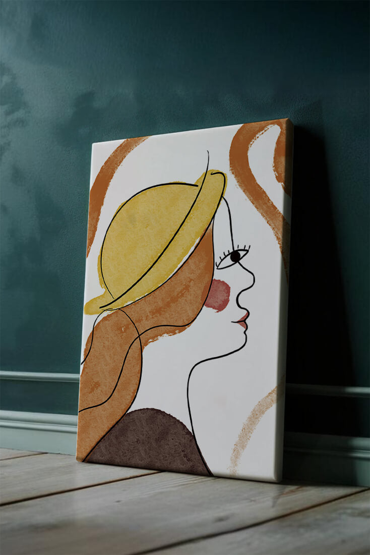 Retrato de línea moderna de una mujer con sombrero y colores vibrantes