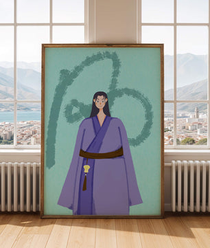 Personaje con atuendo tradicional sobre fondo texturizado